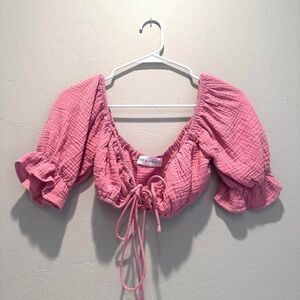 Luca + Grae Pink Tie Front Crop Top Puff Sleeves Size Small Cruise Summer‎